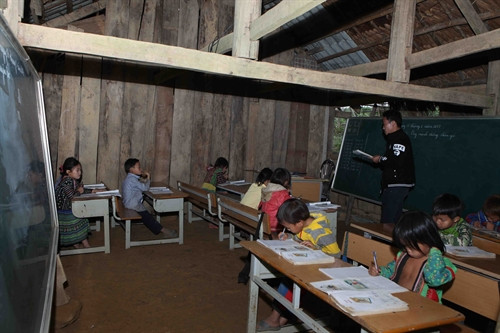 Phòng học tạm tranh tre kết hợp với lớp ghép không đảm bảo cho việc dạy và học cho học sinh tại điểm trường Huổi Pươi, thuộc Trường Tiểu học xã Nậm Giôn, huyện Mường La. Phòng học tạm tranh tre kết hợp với lớp ghép không đảm bảo cho việc dạy và học cho học sinh tại điểm trường Huổi Pươi, thuộc Trường Tiểu học xã Nậm Giôn, huyện Mường La.