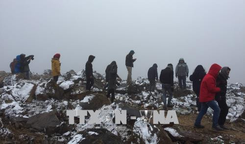 Du khách đã có mặt tại khu vực Thác Bạc và đỉnh đèo Ô Quy Hồ để xem tuyết rơi. Ảnh: Hồng Ninh - TTXVN Du khách đã có mặt tại khu vực Thác Bạc và đỉnh đèo Ô Quy Hồ để xem tuyết rơi. Ảnh: Hồng Ninh - TTXVN