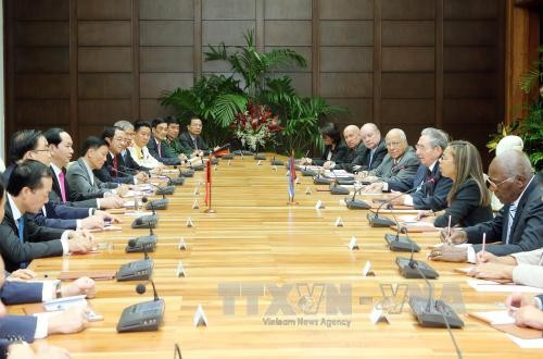 Chủ tịch nước Trần Đại Quang và Chủ tich Raul Castro hội đàm. Ảnh: Nhan Sáng/TTXVN