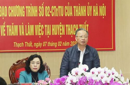 Giám đốc Sở Nông nghiệp và Phát triển nông thôn Hà Nội Chu Phú Mỹ giải đáp những kiến nghị của huyện Thạch Thất trong quá trình thực hiện Chương trình 02-CTr/TU của Thành ủy Hà Nội. Tại buổi làm việc, Phó Chủ tịch Thường trực Ủy ban Nhân dân Thành phố Hà Nội Nguyễn Văn Sửu đề nghị huyện Thạch Thất cần tập trung hoàn thiện các tiêu chí nông thôn mới để quý II/2020 thành phố trình Trung ương công nhận huyện đạt chuẩn nông thôn mới; các sở, ngành cần hỗ trợ huyện trong việc đầu tư cơ sở vật chất để hoàn thiện các tiêu chí còn lại. Giám đốc Sở Nông nghiệp và Phát triển nông thôn Hà Nội Chu Phú Mỹ giải đáp những kiến nghị của huyện Thạch Thất trong quá trình thực hiện Chương trình 02-CTr/TU của Thành ủy Hà Nội. Tại buổi làm việc, Phó Chủ tịch Thường trực Ủy ban Nhân dân Thành phố Hà Nội Nguyễn Văn Sửu đề nghị huyện Thạch Thất cần tập trung hoàn thiện các tiêu chí nông thôn mới để quý II/2020 thành phố trình Trung ương công nhận huyện đạt chuẩn nông thôn mới; các sở, ngành cần hỗ trợ huyện trong việc đầu tư cơ sở vật chất để hoàn thiện các tiêu chí còn lại.