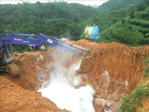 Lực lượng chức năng rắc vôi, tiêu hủy lợn nhiễm bệnh. Ảnh: Ngọc Anh - TTXVN Lực lượng chức năng rắc vôi, tiêu hủy lợn nhiễm bệnh. Ảnh: Ngọc Anh - TTXVN