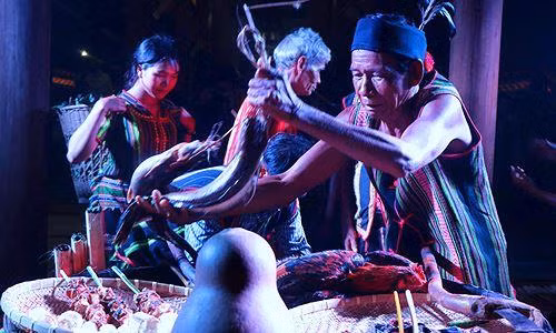 Đặt nghi lễ lên bàn thờ Yang trong lễ cúng được mùa của người M’Nông