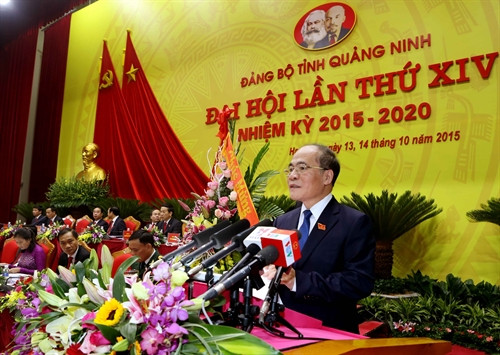 Ủy viên Bộ Chính trị, Chủ tịch Quốc hội Nguyễn Sinh Hùng phát biểu chỉ đạo Đại hội đại biểu Đảng bộ tỉnh Quảng Ninh lần thứ XIV, nhiệm kỳ 2015-2020, Ảnh: Nhan Sáng-TTXVN Ủy viên Bộ Chính trị, Chủ tịch Quốc hội Nguyễn Sinh Hùng phát biểu chỉ đạo Đại hội đại biểu Đảng bộ tỉnh Quảng Ninh lần thứ XIV, nhiệm kỳ 2015-2020, Ảnh: Nhan Sáng-TTXVN