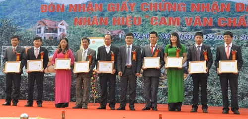 Lễ trao Giấy chứng nhận nhãn hiệu “Cam Văn Chấn” cho các tập thể. Ảnh: Đinh Hữu Dư – TTXVN.