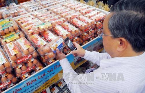 Người dân dùng điện thoại thông minh kiểm tra truy xuất nguồn gốc trứng gà được bày bán tại Siêu thị Co.opmart Đinh Tiên Hoàng, quận Bình Thạnh. Ảnh: Mạnh Linh-TTXVN