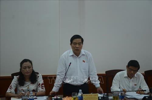 Ông Hà Ngọc Chiến, Ủy viên Trung ương Đảng, Chủ tịch Hội đồng Dân tộc của Quốc hội phát biểu tại buổi làm việc. Ảnh: Ngọc Minh – TTXVN