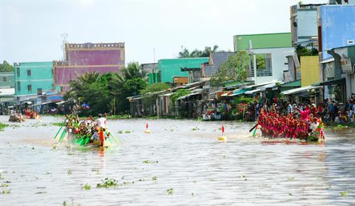 Quang cảnh cuộc đua ghe Ngo trên kênh Quản Lộ - Phụng Hiệp (huyện Phước Long, Bạc Liêu) Ảnh: Mạnh Linh-TTXVN