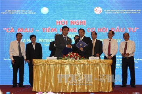 Chủ tịch UBND tỉnh Cà Mau Nguyễn Tiến Hải ký kết thỏa thuận hợp tác với Công ty Cổ phần Thủy điện Sông Lam. Ảnh: Thanh Vũ-TTXVN