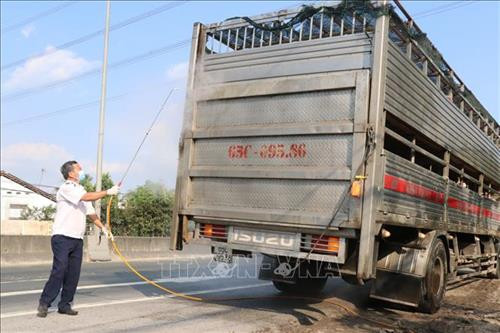 Lực lượng chức năng tiến hành phun thuốc khử trùng xe vận chuyển lợn. Ảnh: Nam Thái - TTXVN Lực lượng chức năng tiến hành phun thuốc khử trùng xe vận chuyển lợn. Ảnh: Nam Thái - TTXVN