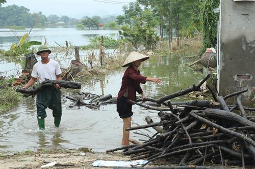 Vấn đề bảo đảm vệ sinh môi trường, phòng tránh dịch bệnh, sớm ổn định cuộc sống người dân được lãnh đạo thành phố đặc biệt quan tâm. Trong ảnh: Nước ngập gây ô nhiễm môi trường ở xã Thanh Bình, huyện Chương Mỹ. Dù trong hoàn cảnh khó khăn nhưng người dân địa phương vẫn phát huy tinh thần đoàn kết, sẻ chia; có ý thức cao trong việc bảo vệ môi trường; thực hiện tốt các biện pháp ứng phó với mưa lũ suốt những ngày qua.