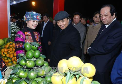 Thủ tướng Nguyễn Xuân Phúc xem và nghe giới thiệu sản phẩm tiêu biểu được trưng bày. Ảnh: Thống Nhất –TTXVN