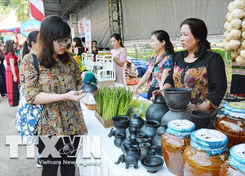 Giới thiệu sản phẩm với khánh tham quan tại ngày hội. Ảnh: Tuấn Anh - TTXVN Giới thiệu sản phẩm với khánh tham quan tại ngày hội. Ảnh: Tuấn Anh - TTXVN