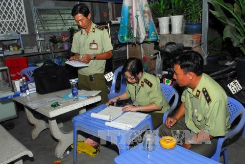 Lực lượng chức năng lập biên bản bị tạm giữ toàn bộ lô hàng không hoá đơn, chứng từ. Ảnh: Mạnh Linh - TTXVN