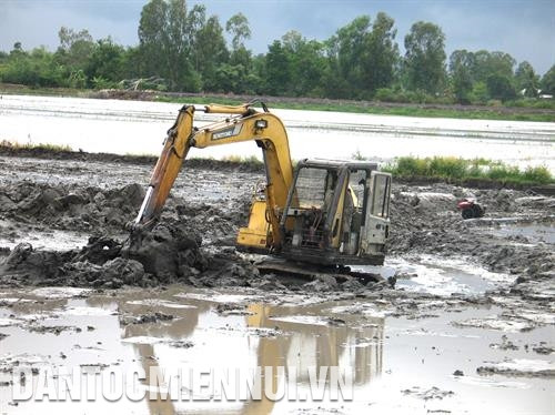 Nông dân ấp 2 xã Thạnh Lộc, huyện Cai Lậy (Tiền Giang) thuê cơ giới san lấp ao để sản xuất lúa vụ Đông - Xuân.