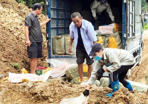 Lượng chức năng tiến hành tiêu hủy hàng theo quy định của pháp luật. Ảnh: Thái Thuần-TTXVN Lượng chức năng tiến hành tiêu hủy hàng theo quy định của pháp luật. Ảnh: Thái Thuần-TTXVN