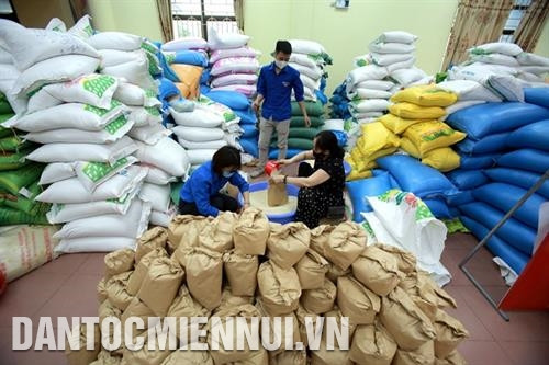 Đóng gói gạo để tặng người dân ở Nhà Văn hóa Bắc Từ Liêm, quận Bắc Từ Liêm, Hà Nội.