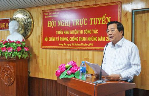 Bí thư Tỉnh ủy Long An Phạm Văn Rạnh phát biểu chỉ đạo tại hội nghị trực tuyến tổng kết công tác nội chính và phòng chống tham nhũng năm 2018, triển khai nhiệm vụ năm 2019. Nguồn: Báo Long An online