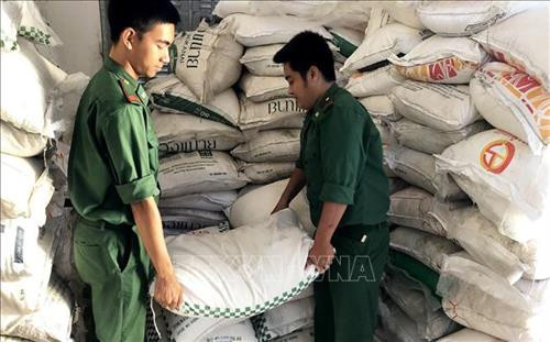 Cán bộ, chiến sĩ Đồn Biên phòng cửa khẩu quốc tế Tịnh Biên (An Giang) kiểm đếm số đường cát nhập lậu, thu giữ hồi tháng 11/2019. Ảnh: Công Mạo - TTXVN