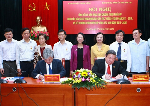 Ký kết Chương trình phối hợp công tác (giai đoạn 2016 - 2020) giữa Ban Dân vận Trung ương và Ban Cán sự đảng Ủy ban Dân tộc. Ảnh: Doãn Tấn – TTXVN Ký kết Chương trình phối hợp công tác (giai đoạn 2016 - 2020) giữa Ban Dân vận Trung ương và Ban Cán sự đảng Ủy ban Dân tộc. Ảnh: Doãn Tấn – TTXVN