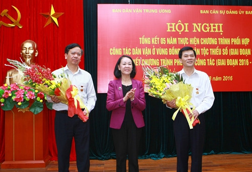 Đồng chí Trương Thị Mai, Ủy viên Bộ Chính trị, Bí thư Trung ương Đảng, Trưởng Ban Dân vận Trung ương trao tặng Kỷ niệm chương vì sự nghiệp Dân vận cho Lãnh đạo Ban Cán sự đảng Ủy ban Dân tộc. Ảnh: Doãn Tấn – TTXVN Đồng chí Trương Thị Mai, Ủy viên Bộ Chính trị, Bí thư Trung ương Đảng, Trưởng Ban Dân vận Trung ương trao tặng Kỷ niệm chương vì sự nghiệp Dân vận cho Lãnh đạo Ban Cán sự đảng Ủy ban Dân tộc. Ảnh: Doãn Tấn – TTXVN