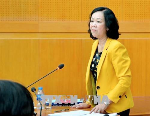 Đồng chí Trương Thị Mai, Ủy viên Bộ Chính trị, Bí thư Trung ương Đảng, Trưởng Ban Dân vận Trung ương phát biểu tại buổi làm việc. Ảnh: Thu Hoài - TTXVN Đồng chí Trương Thị Mai, Ủy viên Bộ Chính trị, Bí thư Trung ương Đảng, Trưởng Ban Dân vận Trung ương phát biểu tại buổi làm việc. Ảnh: Thu Hoài - TTXVN