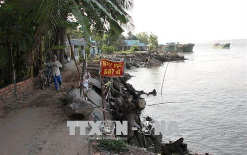 Một đoạn đường dân sinh bị sạt lở làm hư hồng, người dân đã nhiều lần gia cố để giữ đất. Ảnh: Lê Thúy Hằng -TTXVN Một đoạn đường dân sinh bị sạt lở làm hư hồng, người dân đã nhiều lần gia cố để giữ đất. Ảnh: Lê Thúy Hằng -TTXVN
