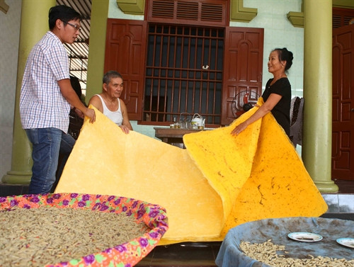 Tấm thảm tằm tự đan có hai mặt, một mặt vàng óng là mặt chính. Tấm thảm tằm tự đan có hai mặt, một mặt vàng óng là mặt chính.
