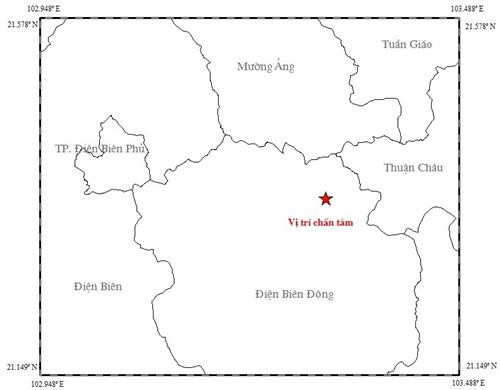 Bản đồ vị trí chấn tâm của trận động đất vào hồi 19 giờ 49 phút với vị trí chấn tâm ở huyện Điện Biên Đông, tỉnh Điện Biên. Ảnh: igp-vast.vn Bản đồ vị trí chấn tâm của trận động đất vào hồi 19 giờ 49 phút với vị trí chấn tâm ở huyện Điện Biên Đông, tỉnh Điện Biên. Ảnh: igp-vast.vn
