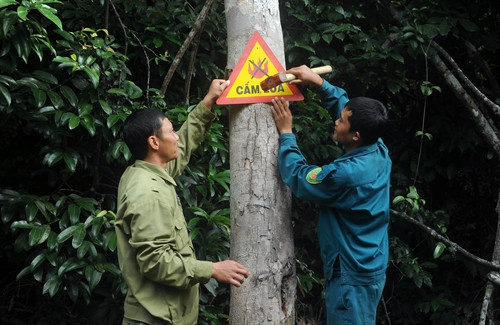 Cán bộ Ban Quản lý rừng lắp đặt biển báo nhằm nâng cao ý thức bảo vệ rừng trong nhân dân. Cán bộ Ban Quản lý rừng lắp đặt biển báo nhằm nâng cao ý thức bảo vệ rừng trong nhân dân.