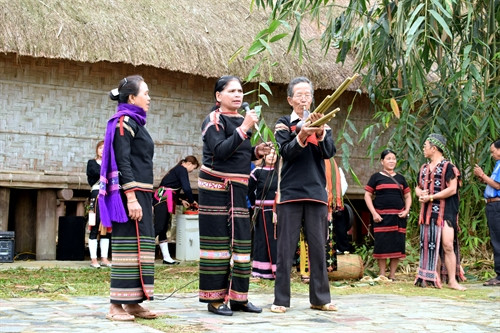 Các nghệ nhân dân tộc Ê-đê biểu diễn tiết mục thổi Đinh năm và hát Ayray. Các nghệ nhân dân tộc Ê-đê biểu diễn tiết mục thổi Đinh năm và hát Ayray.