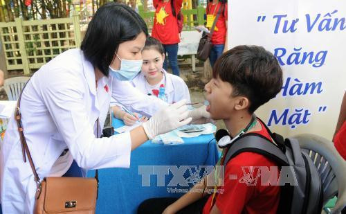 Tư vấn, khám răng hàm mặt miễn phí cho các thiếu nhi tại công viên Khánh Hội, quận 4. Ảnh: An Hiếu – TTXVN