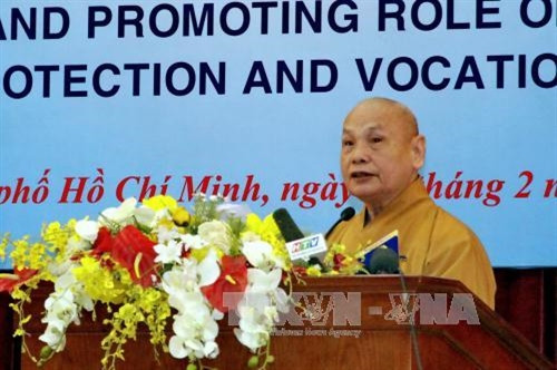 Hòa thượng Thích Thiện Nhơn, Chủ tịch Hội đồng trị sự Trung ương Giáo hội Phật giáo Việt Nam phát biểu. Ảnh: Thế Anh - TTXVN