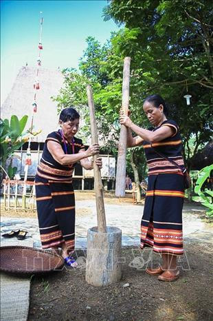 Ngay từ sáng sớm những người phụ nữ trong buôn làng người Xơ Đăng bắt đầu giã gạo để nấu cơm nếp phục vụ cho ngày lễ. Ảnh: Trọng Đạt - TTXVN
