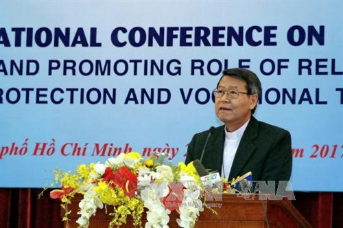 Giám mục Phêrô Nguyễn Văn Khảm, Tổng thư ký Ban Thường vụ Hội đồng Giám mục Việt Nam phát biểu. Ảnh: Thế Anh - TTXVN