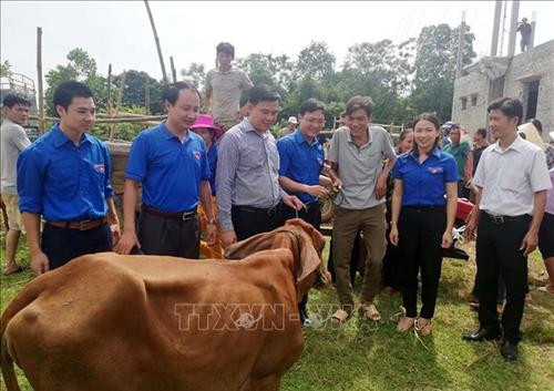 Ngày 16/7/2019, tại xã Thành Tiến, huyện Thạch Thành, Tỉnh đoàn Thanh Hóa tổ chức lễ trao bò giống và hỗ trợ thức ăn chăn nuôi cho 32 hộ nghèo, hộ cận nghèo tham gia mô hình “Nuôi bò cái sinh sản” thuộc Chương trình mục tiêu Quốc gia giảm nghèo bền vững năm 2019. Ảnh: TTXVN phát Ngày 16/7/2019, tại xã Thành Tiến, huyện Thạch Thành, Tỉnh đoàn Thanh Hóa tổ chức lễ trao bò giống và hỗ trợ thức ăn chăn nuôi cho 32 hộ nghèo, hộ cận nghèo tham gia mô hình “Nuôi bò cái sinh sản” thuộc Chương trình mục tiêu Quốc gia giảm nghèo bền vững năm 2019. Ảnh: TTXVN phát