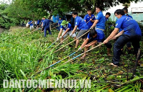 Thanh niên tình nguyện tham gia khơi thông dòng chảy tại các kênh, rạch khu vực quận Gò Vấp, Thành phố Hồ Chí Minh. Ảnh: Phúc Thanh