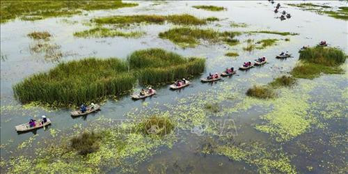 Du khách thưởng ngoạn vẻ đẹp đầm Vân Long trên làn nước trong xanh và có nhiều cơ hội ngắm nhìn nhiều loài chim quý hiếm vào mùa di cư. Ảnh: Minh Đức - TTXVN