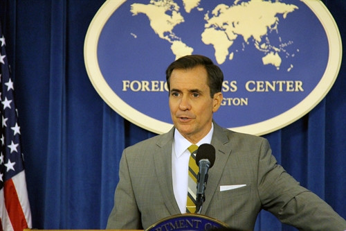 Phát ngôn viên Bộ Ngoại giao Mỹ John Kirby trong cuộc họp báo tại Washington DC., ngày 20/4. EPA/ TTXVN