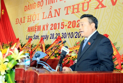 Đồng chí Trần Sỹ Thanh, Bí thư Tỉnh ủy Lạng Sơn khóa XVI phát biểu tại Đại hội. Ảnh: Thái Thuần – TTXVN