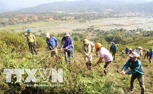 Cán bộ Hạt Kiểm lâm huyện Than Uyên (Lai Châu) hướng dẫn người dân làm đường băng cản lửa. Ảnh: Việt Hoàng - TTXVN Cán bộ Hạt Kiểm lâm huyện Than Uyên (Lai Châu) hướng dẫn người dân làm đường băng cản lửa. Ảnh: Việt Hoàng - TTXVN