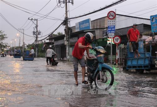 Xe chết máy trên đường Lê Văn Lương, huyện Nhà Bè. Ảnh: Xuân Dự - TTXVN
