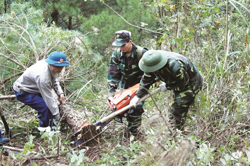 Cán bộ, chiến sĩ đồn Biên phòng Ba sơn cùng đồng bào phát quang đường, thông tầm nhìn biên giới