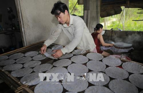 Làm bánh tráng, bánh ướt đòi hỏi sự tỉ mỉ, nhẫn nại. Ảnh: Hồ Cầu - TTXVN
