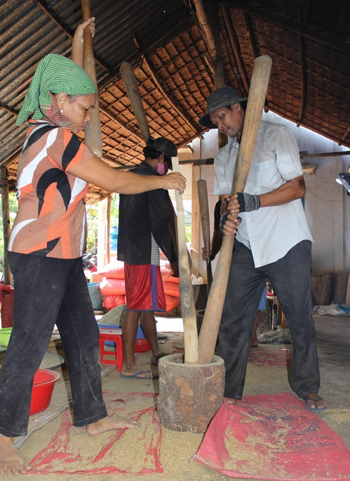 Nhịp nhàng nhịp chày giã cốm trong mùa lễ hội Ok Om Bok.