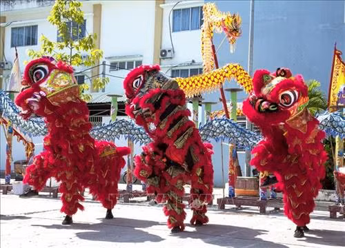 Các thành viên Câu lạc bộ lân sư rồng Hiền Long Đường tập luyện. Ảnh: Hồng Đạt - TTXVN