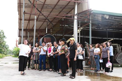 Bà Dương Thị Thu Huệ, Giám đốc Công ty TNHH xuất nhập khẩu Kinoko Thanh Cao giới thiệu với các hội viên Hội phụ nữ Thành phố Hà Nội về vai trò của chuỗi liên kết trong quy trình sản xuất nấm kim châm theo công nghệ Nhật Bản. Trong chuỗi liên kết sản xuất nấm kim châm tại Công ty TNHH xuất nhập khẩu Kinoko Thanh Cao, các khâu đều được tự động hóa.