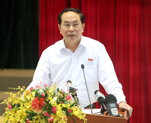 Chủ tịch nước Trần Đại Quang phát biểu tại buổi tiếp xúc với các cử tri. Ảnh: Nhan Sáng-TTXVN