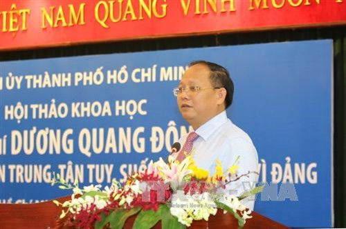 Đồng chí Tất Thành Cang, Phó Bí thư Thường trực Thành ủy Thành phố Hồ Chí Minh phát biểu tại hội thảo. Ảnh: Thanh Vũ-TTXVN Đồng chí Tất Thành Cang, Phó Bí thư Thường trực Thành ủy Thành phố Hồ Chí Minh phát biểu tại hội thảo. Ảnh: Thanh Vũ-TTXVN