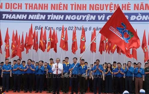 Phó Thủ tướng Trương Hòa Bình đã trao cờ lệnh phát động ra quân chiến dịch cho đoàn viên, thanh niên. Ảnh: Vũ Hoàng Giang - TTXVN