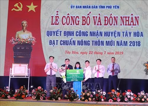 Phó Thủ tướng Vương Đình Huệ và đại diện Ngân hàng TMCP Ngoại thương Việt Nam (Vietcombank) trao tượng trưng 10 ngôi nhà cho các gia đình chính sách. Ảnh: Phạm Cường-TTXVN